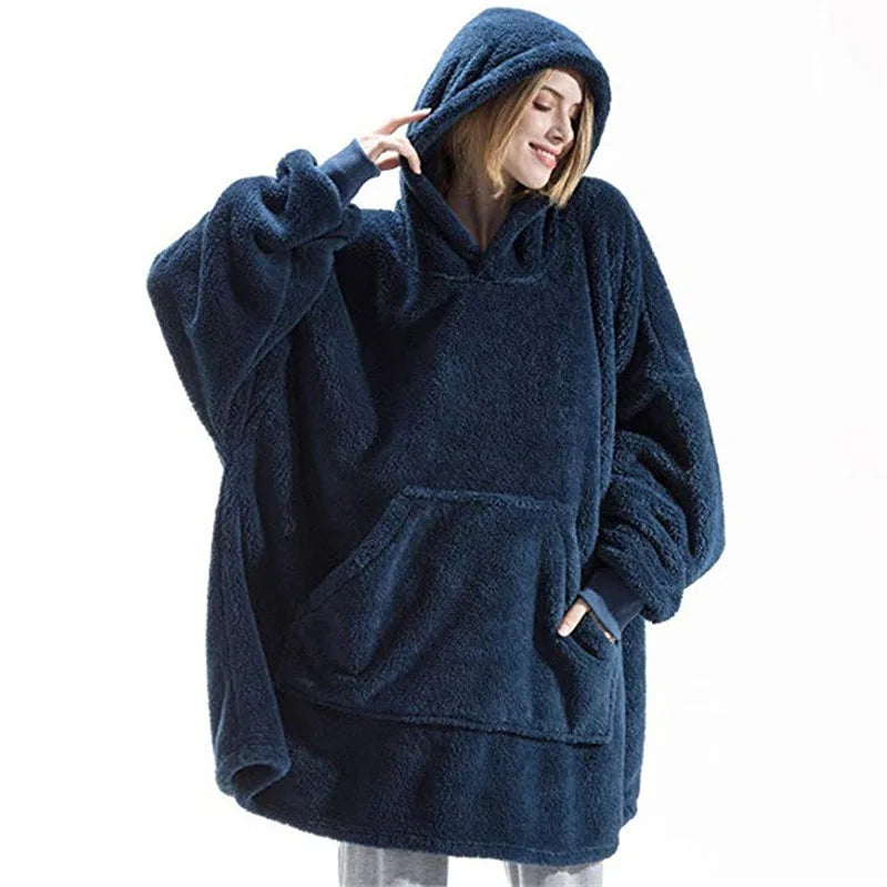 Winter Double-Faced Fleece Hoodie Blanket | Oversized Warm Pocket Robe for Women & Men