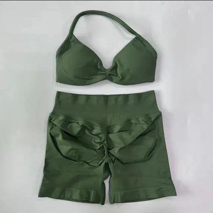 DFYIVE Yoga Gym Set 2 Piece Women Strappy Yoga Bra Top Workout Scrunch Shorts Sports Suit Fitness Clothes Seamless Yoga Set