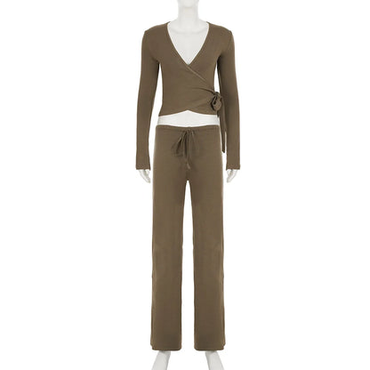 Absobe Autumn Winter Loose Pants Leisure Suit Women Flare Sleeve Crop Cardigan Top Lace-up Solid 2 Piece Set Fashion Outfit