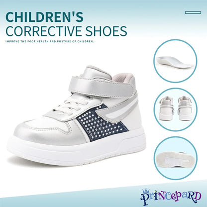 Princepard Orthopedic Kids Sneakers Silvery Decorate Arch Support School Shoes for Boys And Girls Casual Footwear for Children