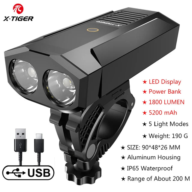 X-TIGER Waterproof MTB Bike Light Aluminum Alloy Road Cycling USB Rechargeable Headlight 2400 Lumens Bicycle Light Accessories