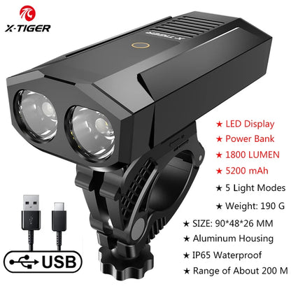 X-TIGER Waterproof MTB Bike Light Aluminum Alloy Road Cycling USB Rechargeable Headlight 2400 Lumens Bicycle Light Accessories