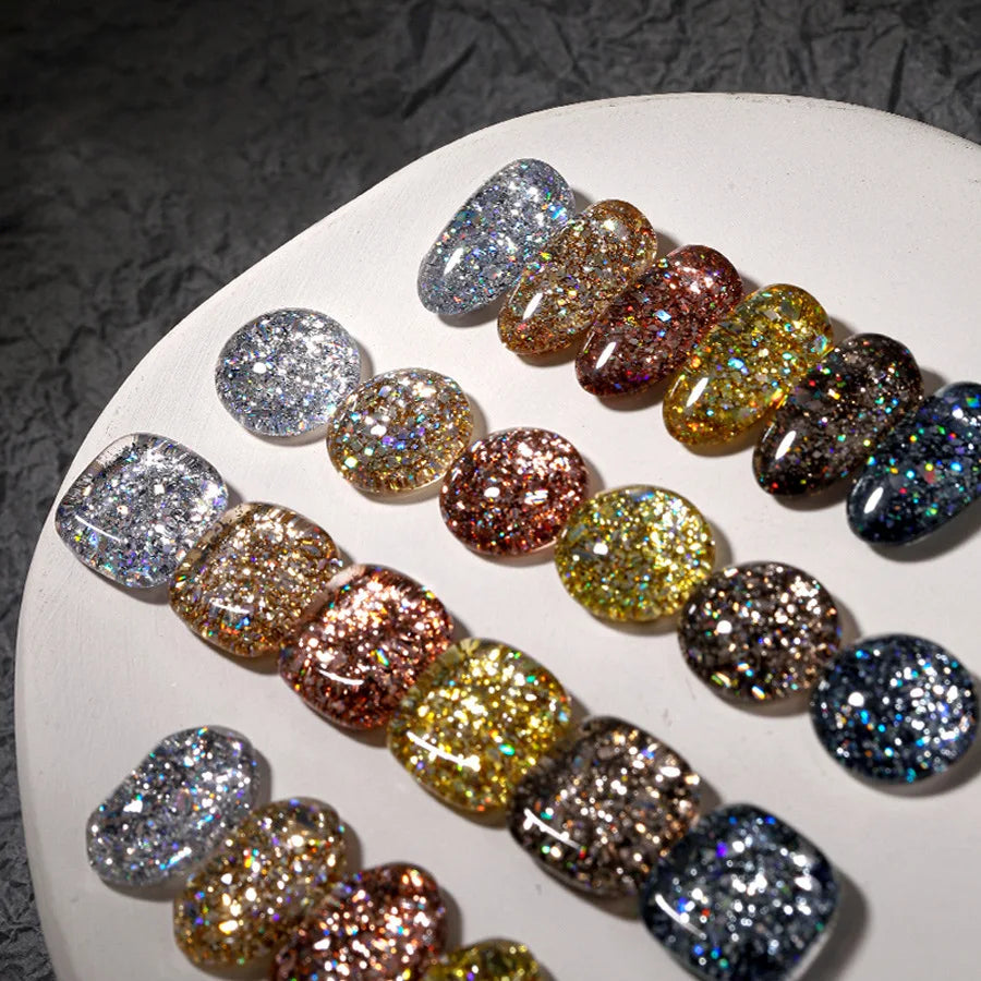 Esmalte em gel com glitter de 6 cores e 8 ml, prata, ouro rosa, lantejoulas coloridas, verniz em gel semipermanente, arte em unhas em gel UV, laca a laser