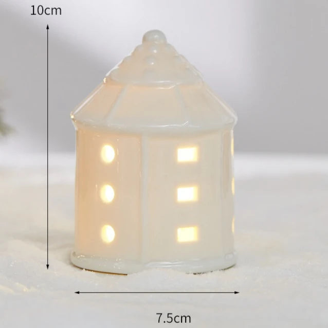 Glowing Ceramic Christmas Light Decorations LED Christmas Tree Luminous Hut Desktop Home Ornaments Scene Props Xmas Gifts