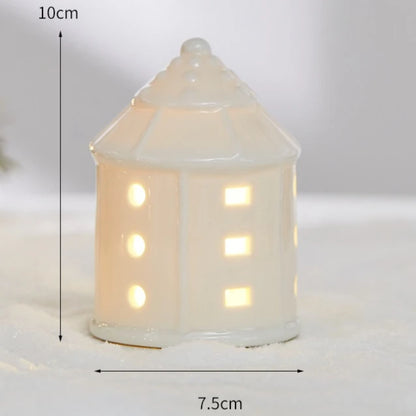 Glowing Ceramic Christmas Light Decorations LED Christmas Tree Luminous Hut Desktop Home Ornaments Scene Props Xmas Gifts