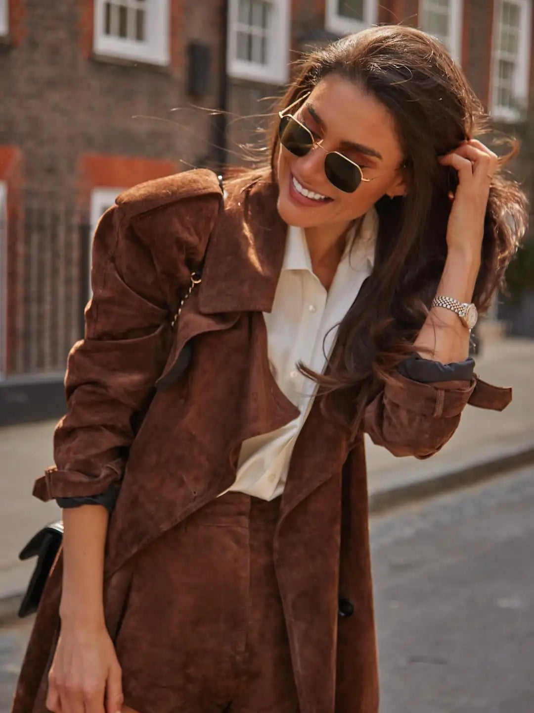 Brown Long Suede Overcoat Women Fashion Solid Chic Lapel Single Breasted Loose Outerwear Lady Autumn Daily Highstreet Jacket