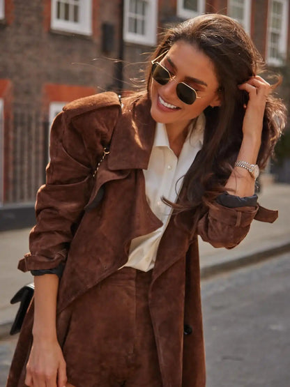 Brown Long Suede Overcoat Women Fashion Solid Chic Lapel Single Breasted Loose Outerwear Lady Autumn Daily Highstreet Jacket