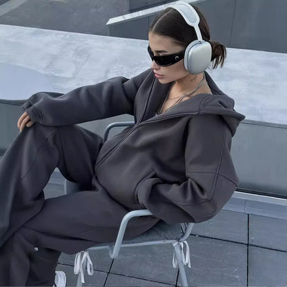 Conjunto de calças e fatos de treino para mulher, hoodies de manga comprida, calças lápis lisas, comprimento até ao tornozelo, bolsos, casual 2025 slim