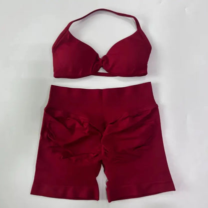 DFYIVE Yoga Gym Set 2 Piece Women Strappy Yoga Bra Top Workout Scrunch Shorts Sports Suit Fitness Clothes Seamless Yoga Set