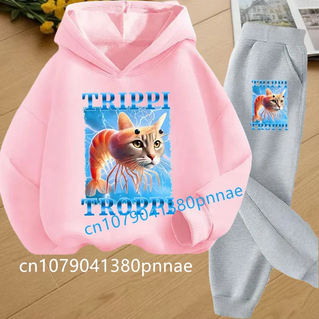 Tralalero Tralala Tung Tung Tung Funny Italian Brainrot Kids Clothes Boys Hoodie+Pants 2pcs Set Girls Tracksuit Children Outfits