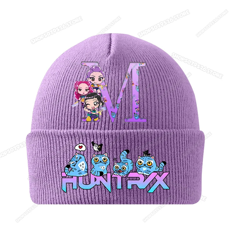 Kpop Demon Hunters Letter A-Z Knitted Hat Cartoon Music Girl Beanies Cap Kids Winter Warm Bonnet Cartoon Toddler Skullies Beanie