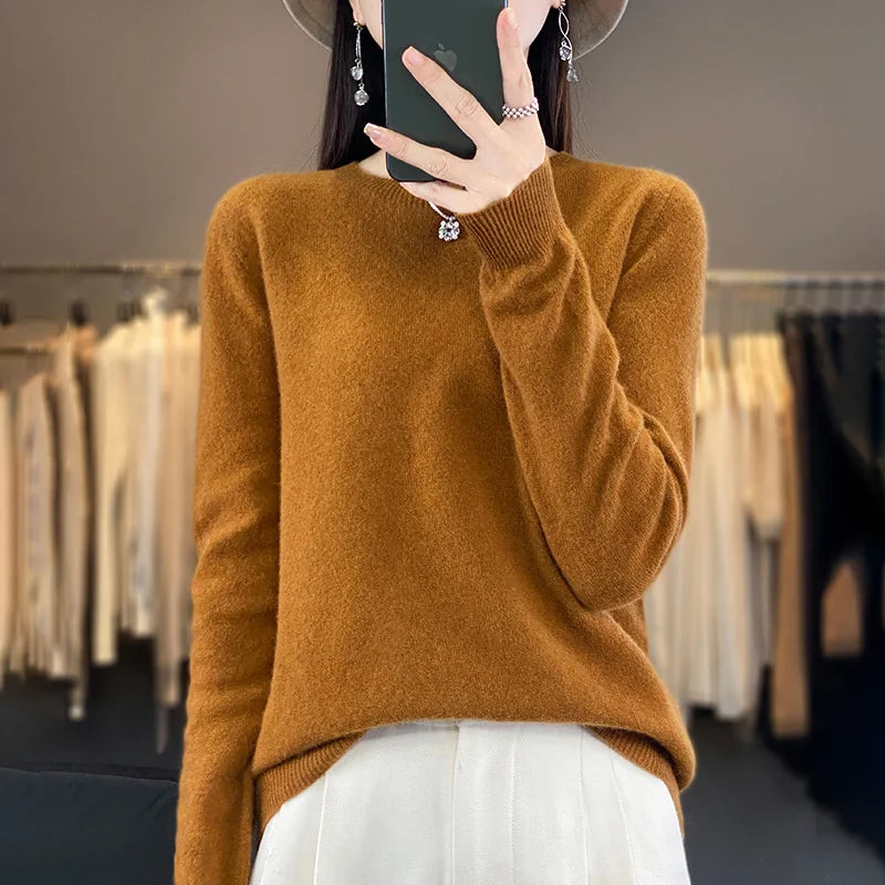 100% Pure Wool Cashmere Sweater Women's O-Neck Pullover Knitted Casual Sweater Winter New Long-Sleeved Warm High-Grade Jumper