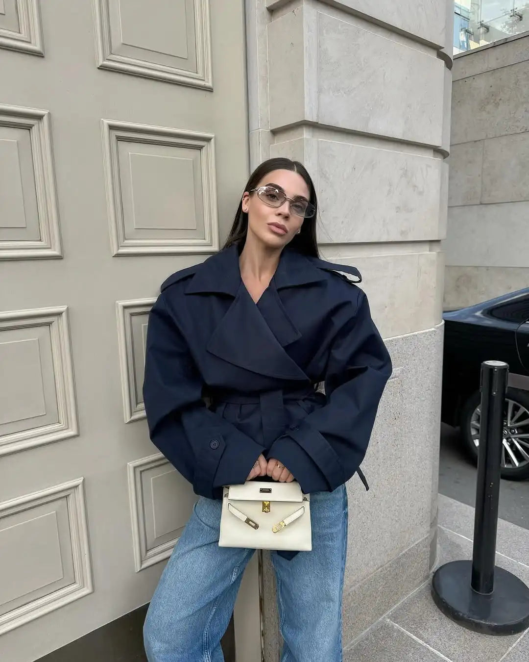 Solid Lapel Lace Up Jacket Elegant Chic Full Sleeve Button Loose Long Coat For Women 2025 New Office Lady Daily Commute Overcoat