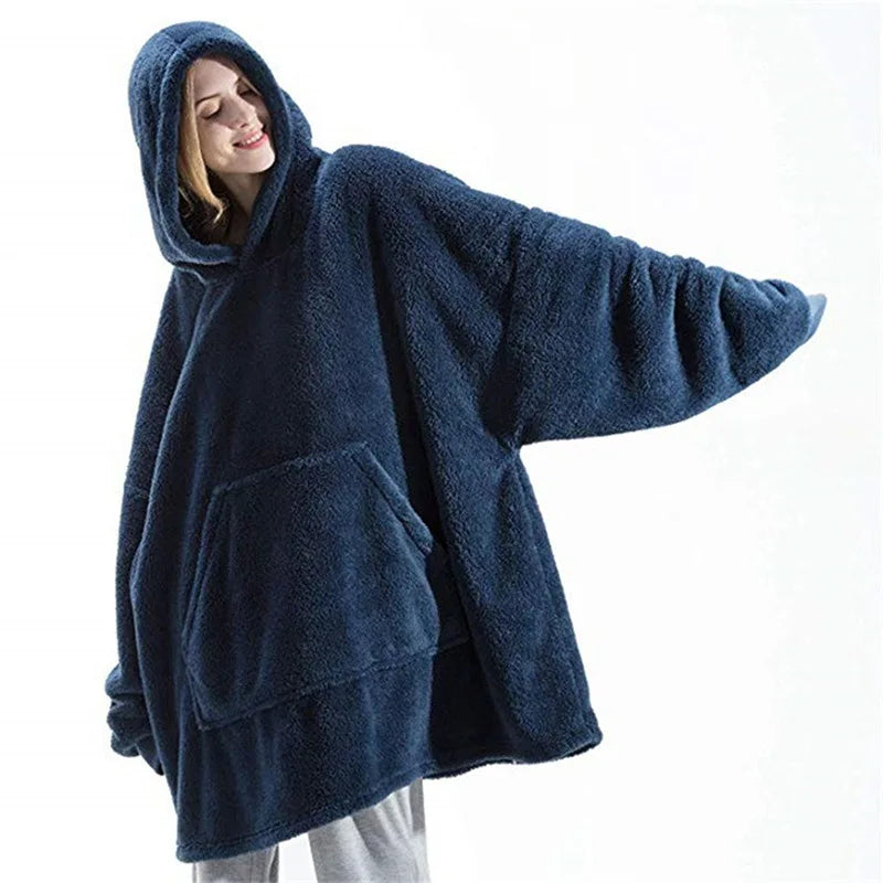 Winter Double-Faced Fleece Hoodie Blanket | Oversized Warm Pocket Robe for Women & Men