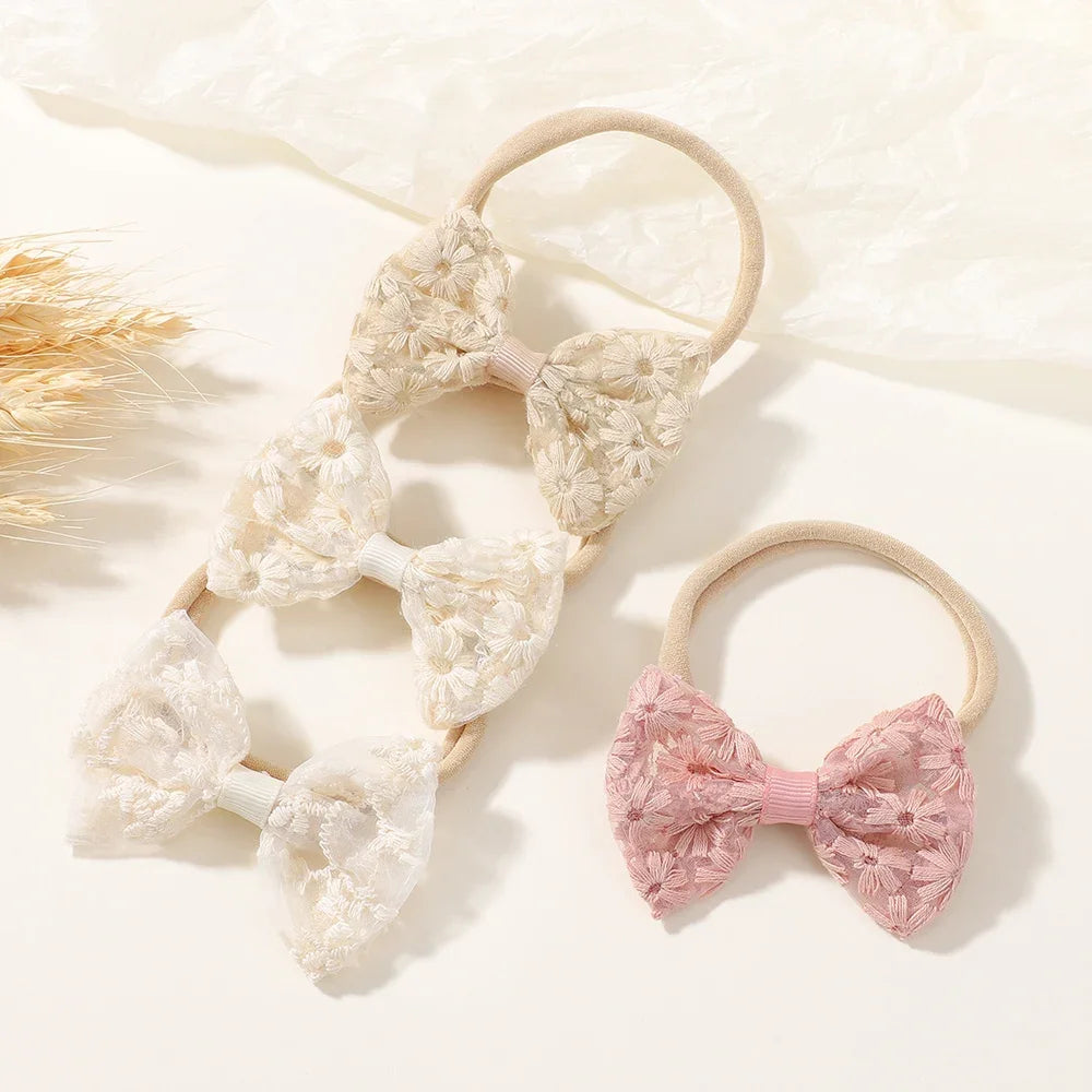 4pcs Baby Girls Embroidered Lace Bows Headband Set Newborn Floral Elastic Hairband Bow Headwear Kids Hair Accessories