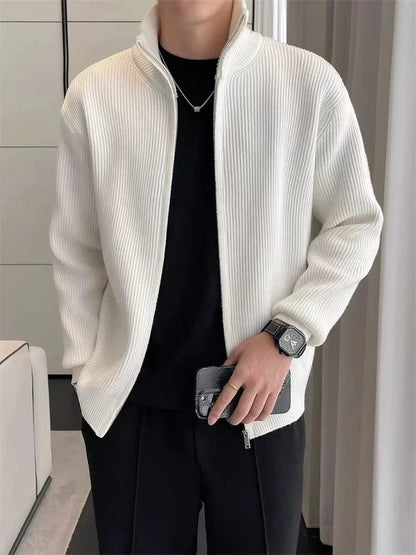 Men's Premium Knit Zip-Up Sweater - Thickened Warm Long Sleeve Pullover with Stand Collar, Autumn Winter Casual Outerwear