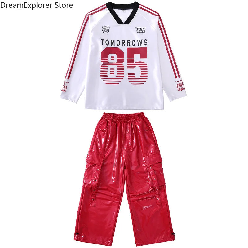 Boys Hip Hop Cool Shiny Sweatshirt Street Dance Cargo Pants Girls K-pop Clothes Sets Kids Streetwear Children Teenage Costumes