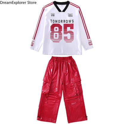 Boys Hip Hop Cool Shiny Sweatshirt Street Dance Cargo Pants Girls K-pop Clothes Sets Kids Streetwear Children Teenage Costumes