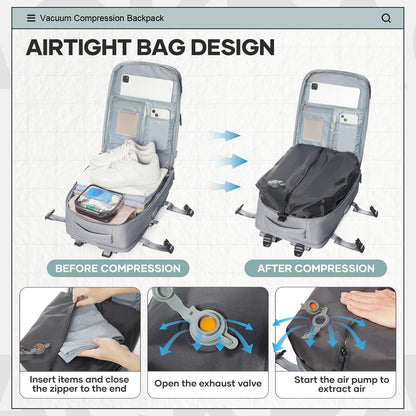 Large Vacuum Travel Backpack with Pump for Women Men, Personal Effects Carry-on Luggage Backpack 47x33x20cm,   Laptop School Bag