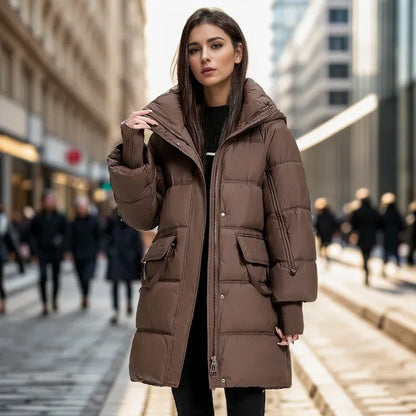 2024 Winter Long Women's Down Cotton Jacket Female Stand Collar Hooded Parkas Pockets Coats Women Knee Length Thick Warm Jacket