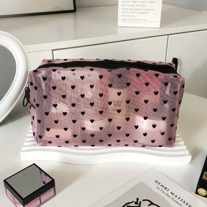Heart Transparent Mesh Cosmetic & Toiletry Organizer Pouch – Portable Makeup & Essentials Bag for Women