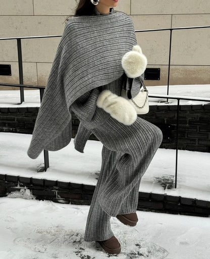 Hirsionsan Soft Elegant Vintage Women Suits 3 Pieces Female Sets O Neck Sweater & Wild Leg Pants with Scarf Knitted TrackSuit