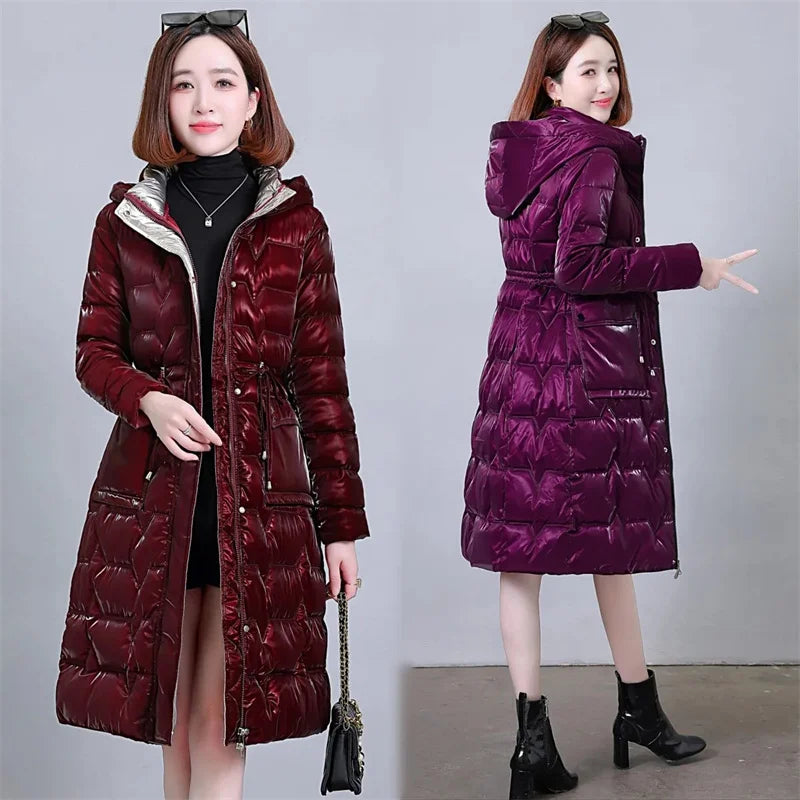 Thick Women's Windproof Long Mother's Down Cotton Coat Women's 2023 Winter Fashion Warm Slim Waist Wrapped Parka Hooded Lace-Up