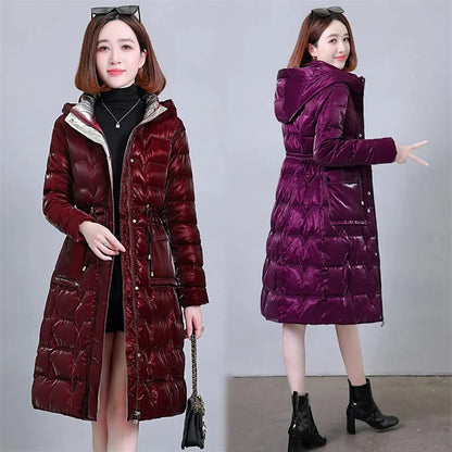 Thick Women's Windproof Long Mother's Down Cotton Coat Women's 2023 Winter Fashion Warm Slim Waist Wrapped Parka Hooded Lace-Up