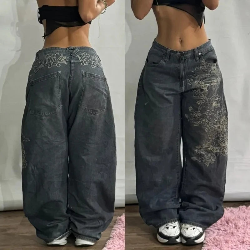 American Fashion New Black Old Washed Holes Baggy Jeans Ladies Y2K Vintage Punk Fashion Casual Joker High Waist Wide Leg Pants