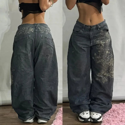 American Fashion New Black Old Washed Holes Baggy Jeans Ladies Y2K Vintage Punk Fashion Casual Joker High Waist Wide Leg Pants