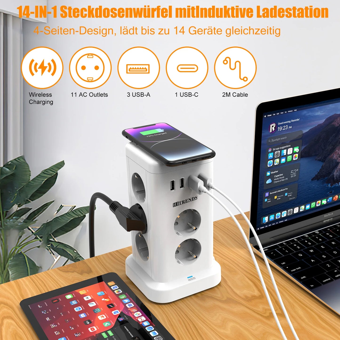 Placa de alimentação inteligente 15 em 1 com ficha padrão UE de 3680 W, tomada 7/11 CA, 3 portas de carregamento USB-A e 1 USB-C, cabo de extensão de 2 metros