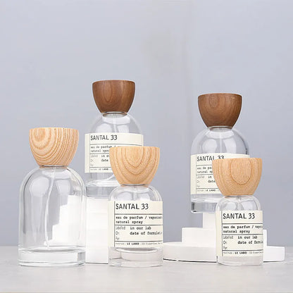 High-grade 30/50/100ml Empty Clear/ Frosted Glass Perfume Bottle Screw Wood Lid Spray Bottle Toner Atomizer Cosmetic Bottles