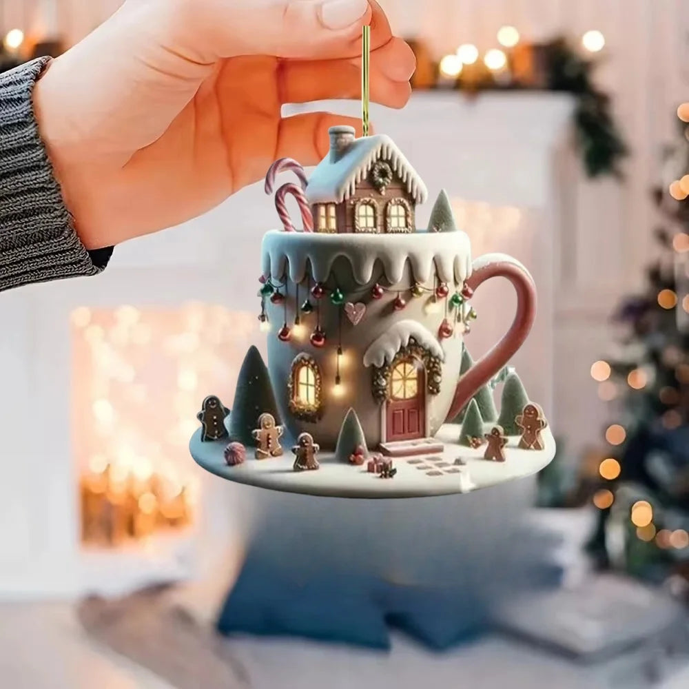 2d Christmas Coffee Cup Ornaments Coffee Mug Decorative Tree Ornaments 8cm/3.14inch Christmas Tree Pendant Decoration