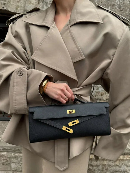 Solid Lapel Lace Up Jacket Elegant Chic Full Sleeve Button Loose Long Coat For Women 2025 New Office Lady Daily Commute Overcoat