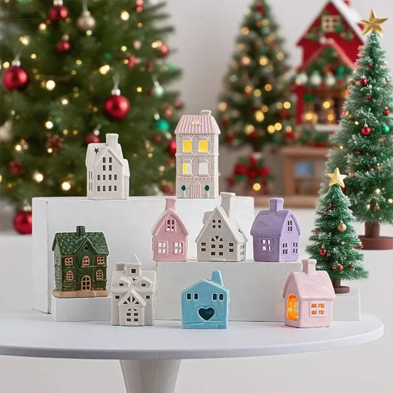 Christmas Decoration Porcelains Miniature Village House LED Light Ceramics Castle Model Home Desktop Ornament Christmas Gift