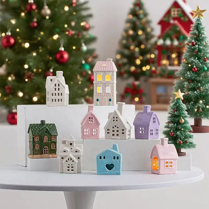 Christmas Decoration Porcelains Miniature Village House LED Light Ceramics Castle Model Home Desktop Ornament Christmas Gift