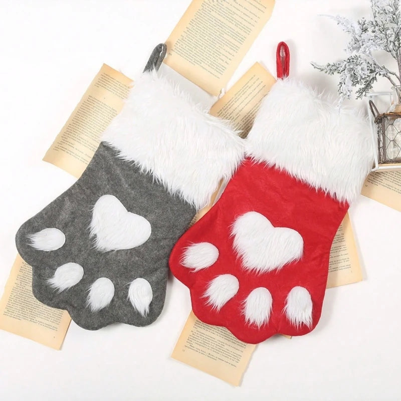 1PC Christmas Stockings, Contemporary Dog Paw Design, Polyester Hanging Socks for Xmas Decorations, Festive Candy Bags