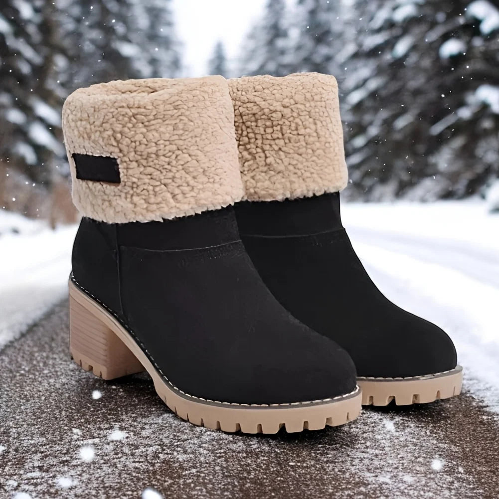 Winter Faux Fur Snow Boots For Women Platform Block Chunky Heels Pull On Comfortable Outdoor Suede Warm Boots