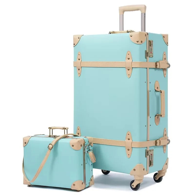 Vintage Suitcase set 2 piece , Women's Vintage Luggage set, Travel suitcase with boarding tote, handmade faux leather aluminum