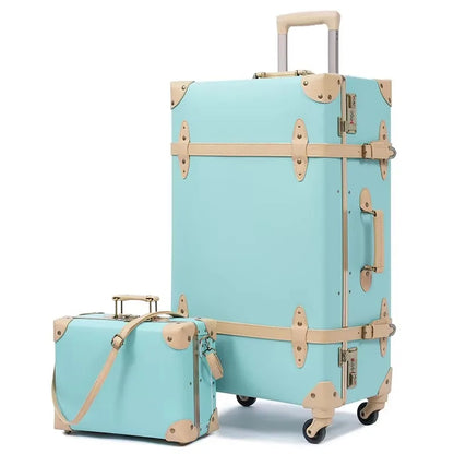 Vintage Suitcase set 2 piece , Women's Vintage Luggage set, Travel suitcase with boarding tote, handmade faux leather aluminum