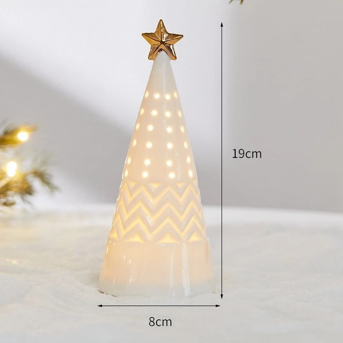 Glowing Ceramic Christmas Light Decorations LED Christmas Tree Luminous Hut Desktop Home Ornaments Scene Props Xmas Gifts