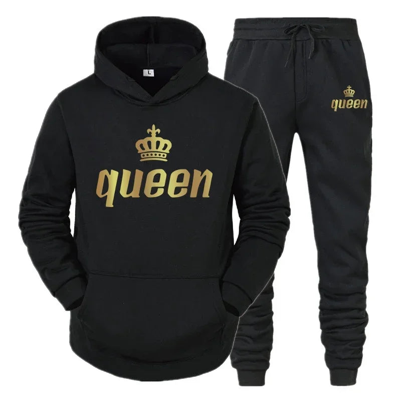 Men Women Tracksuit King And Queen Letter Print Hoodie and Jogger Pants Jogging Suit Sportswear Casual Fashion Couple Outfits