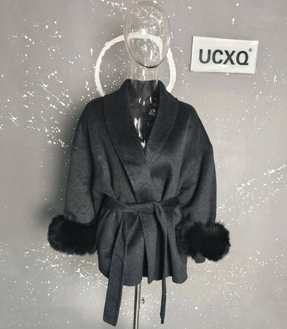 UCXQ Elegant OL Office Lady Overcoats Fur Patchwork Long Sleeve Woolen Coat Beautiful Women's Clothing Jacket Autumn 2025 Winter