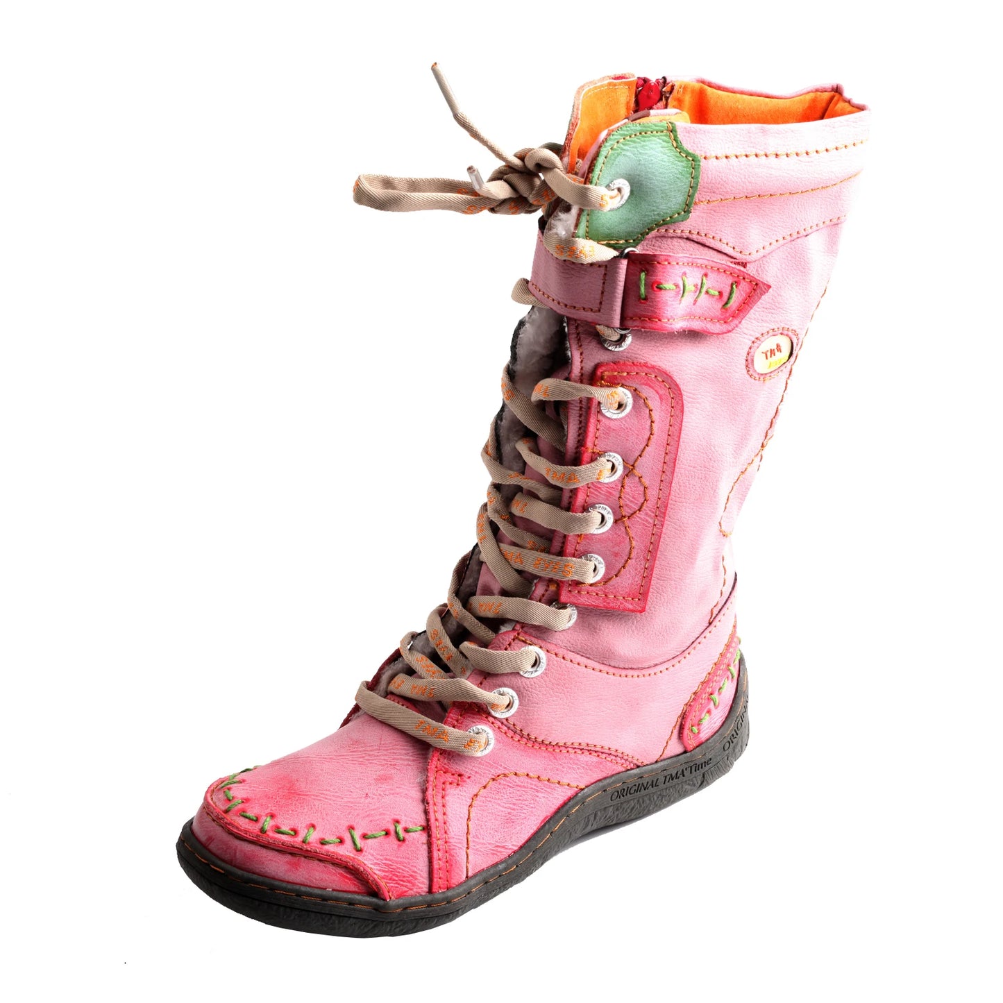 TMA EYES Long Warm Leather Women's Boots In Winter With Solid Color Hand Stitching