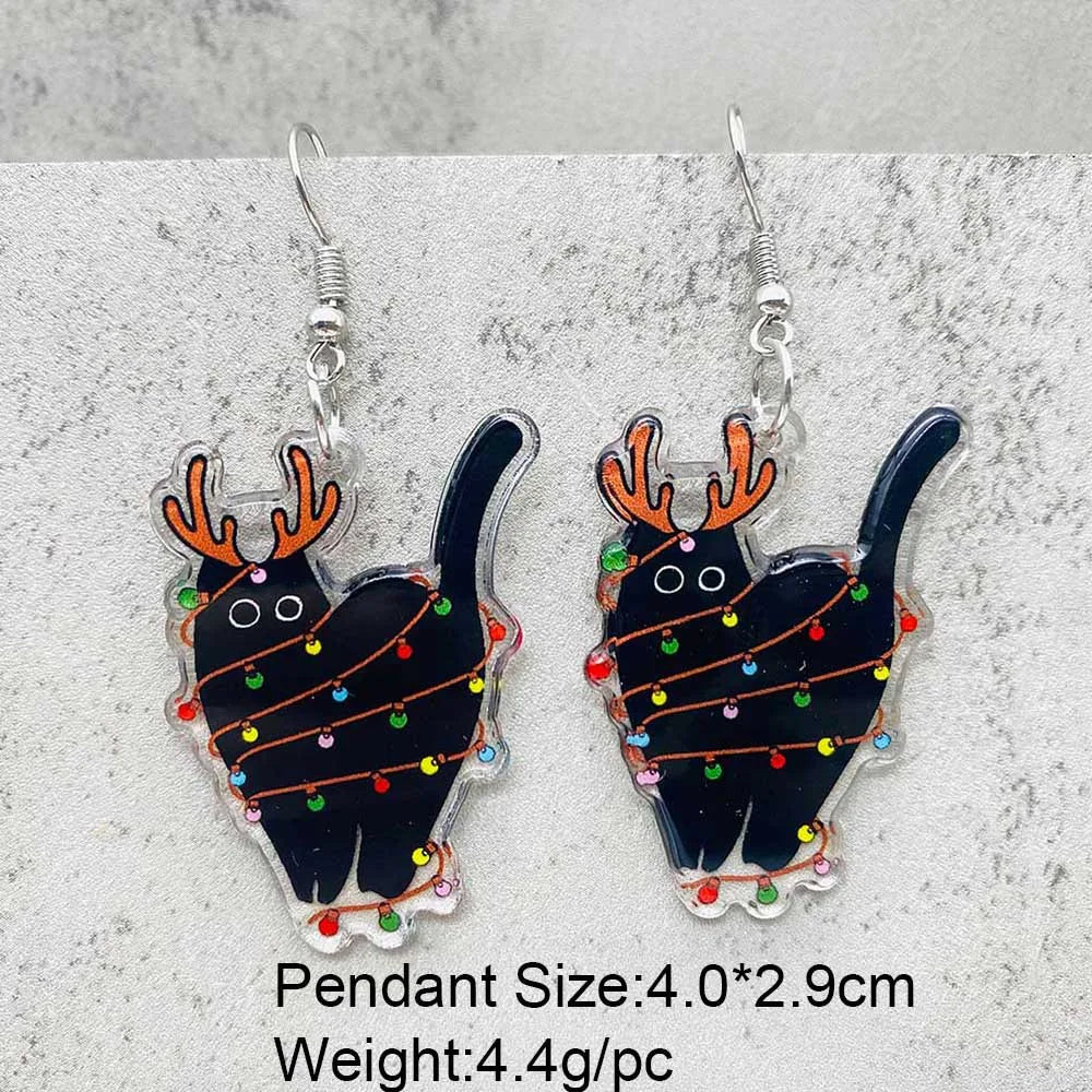 Cute Christmas Earrings Colorful Lights Christmas Tree Cat Acrylic Earrings for Women Holiday Jewelry Accessories Gifts