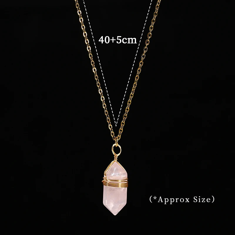 Change Better Natural Pink Quartz Amethyst Hexagon Column Pendant Necklace Women Men Handmade Stainless Steel Chain Choker Gift
