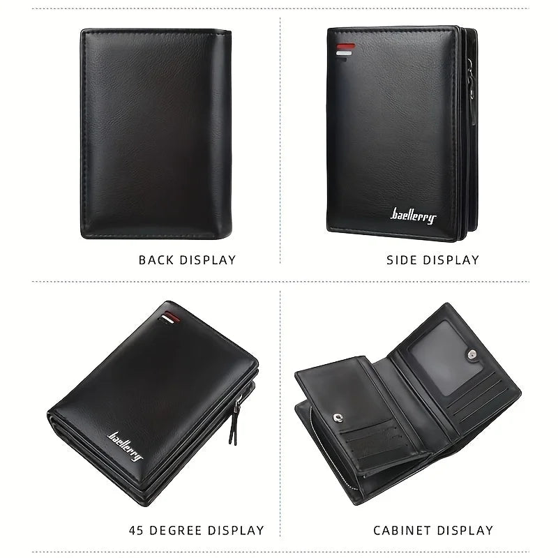 Men's PU Leather Short Wallet Zipper Coin Pocket Big Capacity Card Holder