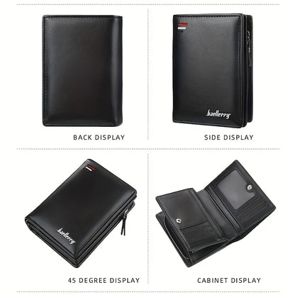 Men's PU Leather Short Wallet Zipper Coin Pocket Big Capacity Card Holder