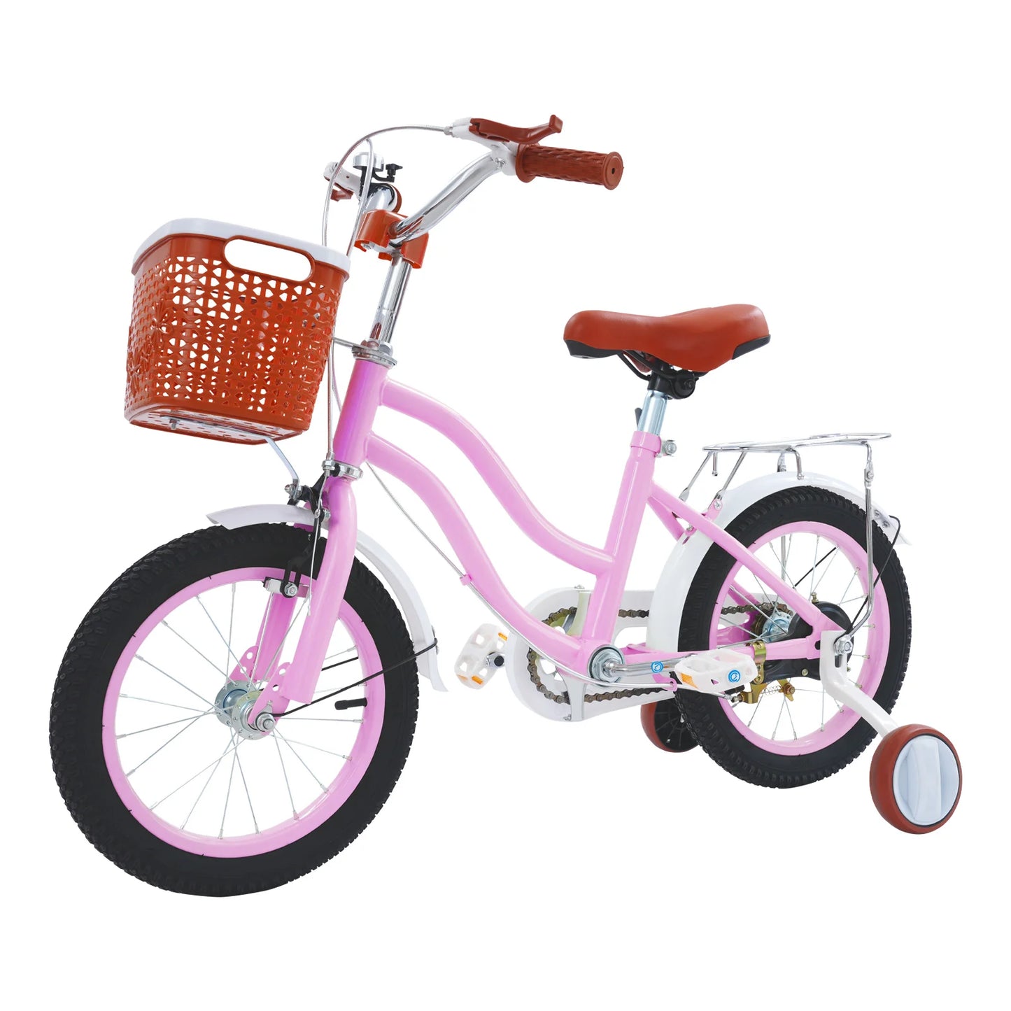 14 Inch Children's Bicycle Carbon Steel Kids Bike with Auxiliary Wheels & Basket & Manual Bell, Bearing 60kg, Height Adjustable