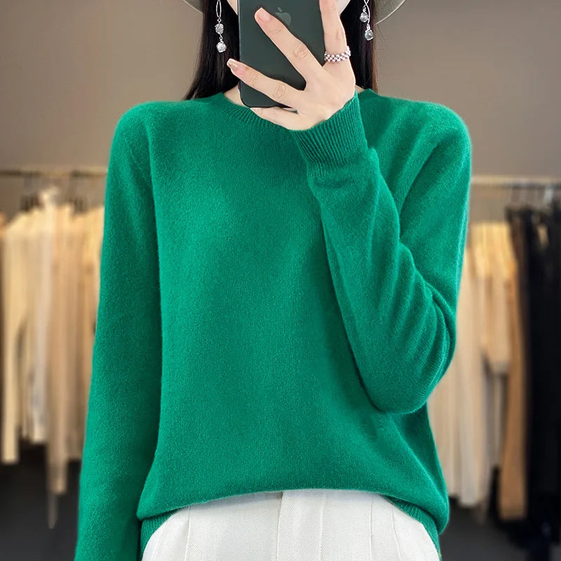 100% Pure Wool Cashmere Sweater Women's O-Neck Pullover Knitted Casual Sweater Winter New Long-Sleeved Warm High-Grade Jumper